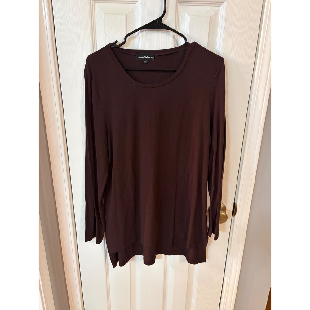 Ronnie Salloway Tunic Top Womens L Brown Long Sleeve Scoop Neck High-Low Hem